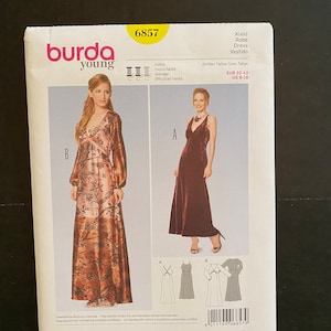May include: Burda Young sewing pattern number 6857 for a dress with a V-neckline and long sleeves. The pattern includes instructions for making a dress with a fitted bodice and a flowing skirt. The pattern is for sizes EUR 32-42, US 6-16.