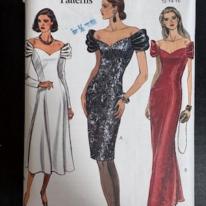 May include: Vogue Patterns sewing pattern featuring illustrations of three off-the-shoulder evening gowns. The pattern includes a white dress, a black and silver patterned dress, and a red gown. The pattern number is 7958, and the size range is 12-14-16.