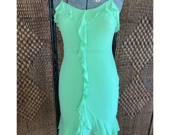 Size S-L//Vintage Y2K Ruffled Lime Green Silk Spaghetti Strap Dress