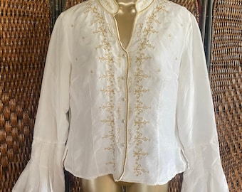 Size L//Vintage Y2K Silk Top with Gold Embroidery and Ruffle Cuffs