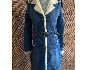 Size S//Vintage Y2K Denim Penny Lane Coat Faux Fur Trim