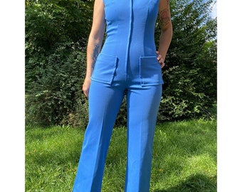 Size S-L//vintage 70s Blue Polyester Wide Leg Jumpsuit