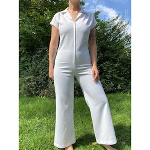 Size S-L//vintage 70s White Polyester Wide Leg Jumpsuit