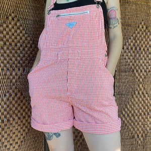 90s Orange Railroad Stripe Plaid Short Overalls