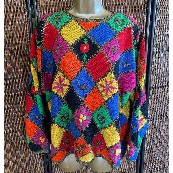 One Size//Vintage 90s Handknit Rainbow Sweater