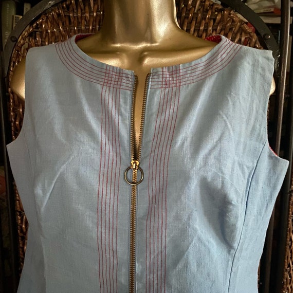 Size L//Vintage 60s Chambray Polka Dot Zip Up Pla… - image 2