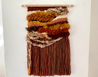 Cozy Fall Colors Woven Wall Hanging // Rust, Gold, Orange, and Brown Tapestry Decor