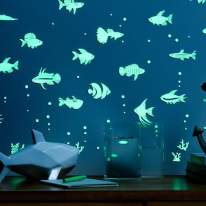 GLOPLAY &quot;Tropical Fish&quot; (63pcs/packs) Removable Reusable Wall Decals/Glow-in-the-dark Stickers,