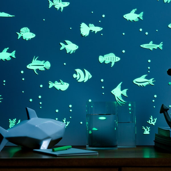 GLOPLAY Removable Reusable Wall Decals/Glow-in-the-dark Stickers, Tropical Fish (63pcs/packs)
