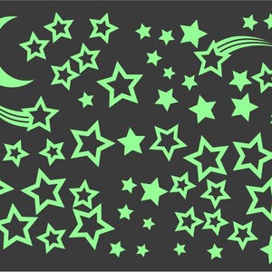 May include: A dark gray background features a collection of glowing green stars and a crescent moon. The stars vary in size and are scattered across the surface, with some arranged in clusters and shooting star patterns. The moon is in the upper left corner.