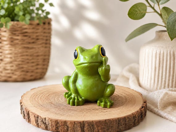 A handmade grumpy frog flipping the bird — 330 favorites confirm this tiny ceramic rage-sculpture has earned its place on desks everywhere.