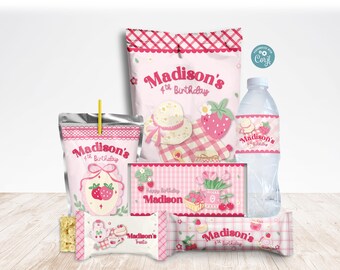 Strawberry Picnic Birthday Party Decor Printable, Cottagecore Gingham Favor Wrappers