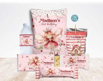 Fairy Cherry First Birthday Party Decorations, Editable Party Bundle for Girls, Cute Nature Fairies