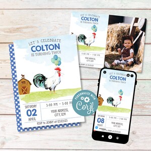 Rooster Birthday Invitation, Printable Farm Animal Party Invite