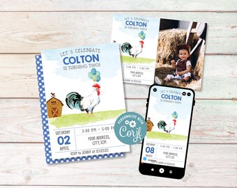 Rooster Birthday Invitation, Printable Farm Animal Party Invite