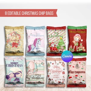 Christmas Chip Bag Labels, Holiday Custom Favor Bags, Editable with Canva