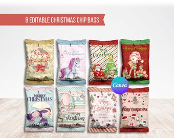 Christmas Chip Bag Labels, Holiday Custom Favor Bags, Editable with Canva