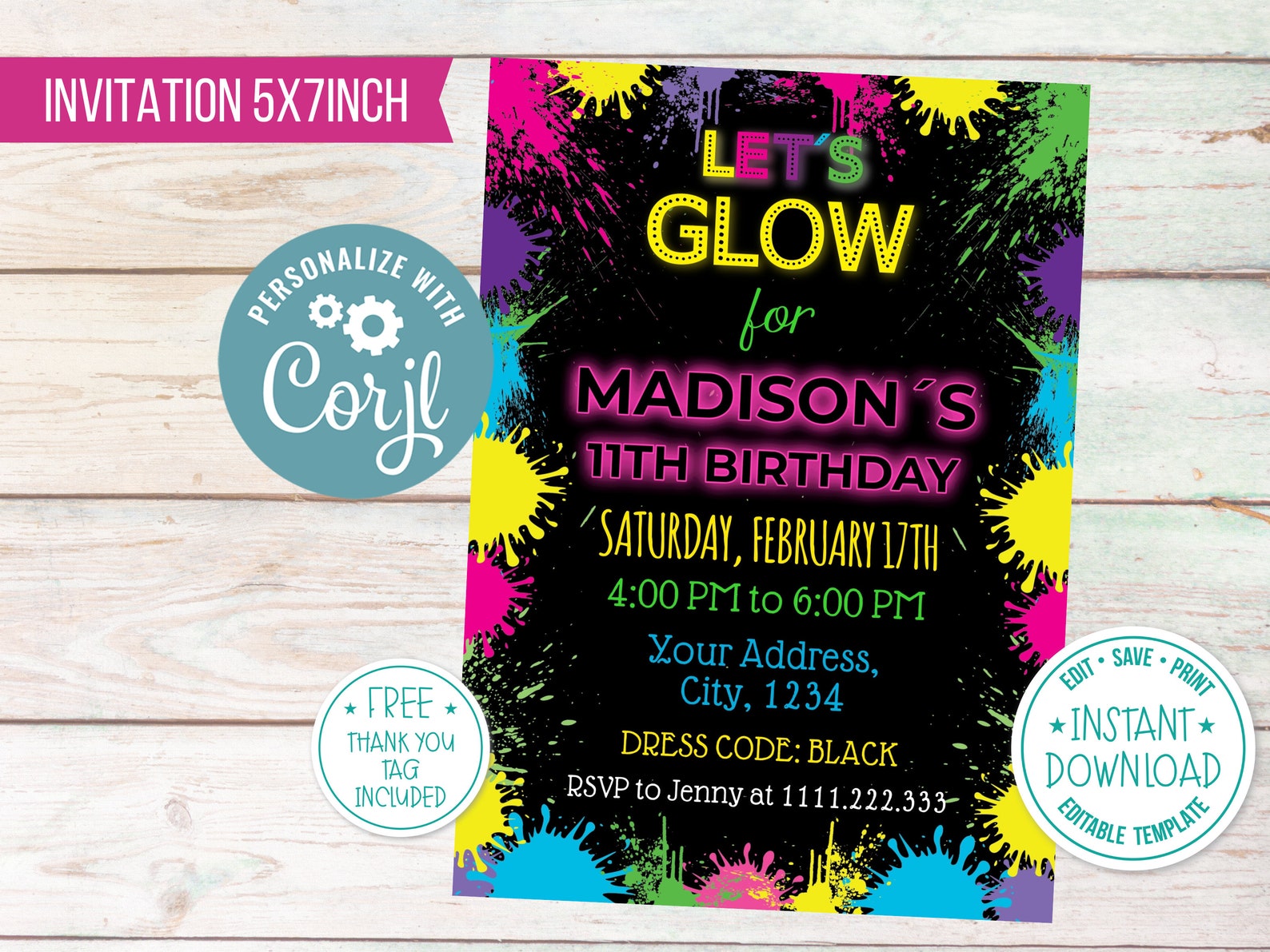 Glow Party Geburtstagseinladung Neon Party laden  Etsy