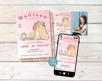 Capybara Birthday Party Invitation Girl, Spring Floral Theme, Editable with Corjl, Pink Animal Evite