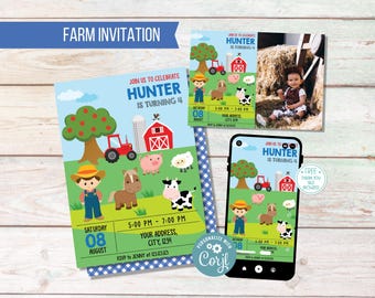 Farm Theme Birthday Invitation Boy, Printable and Customizable Party Invite