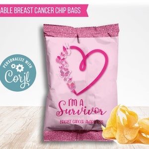 Breast Cancer Awareness Chip Bag Label, Pink Ribbon Party Favors, Im a Survivor