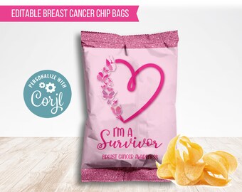 Breast Cancer Awareness Chip Bag Label, Pink Ribbon Party Favors, Im a Survivor