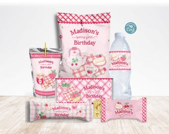 Berry First Birthday Party Decor Bundle, Editable Girl Picnic Garden Favors, Pink Gingham