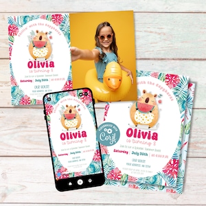 Capybara Birthday Party Invitation Girl, Editable Summer Theme Animal Invite, Digital Evite