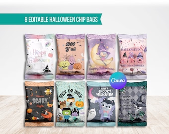 Halloween Chip Bag Labels, Spooky Favor Treat Bags, Editable with Canva