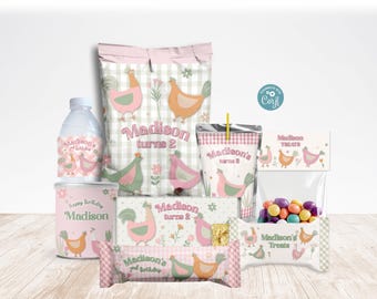 Chicken Birthday Party Decorations, Cute Farm Animal Printable Favors Bundle for Kids