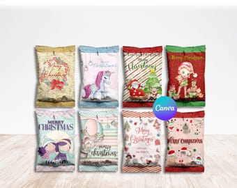 Editable Christmas Chip Bag Wrappers, Printable Holiday Party Favor Bags, Cute and Festive DIY Treat Labels