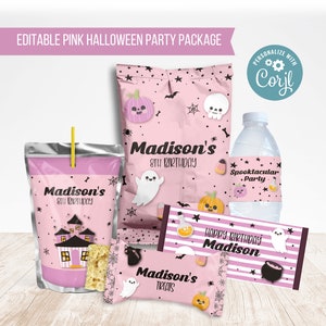 Pink Halloween Birthday Party Decorations, Spooktacular Party, Chip Bag Template, Juice Label Template