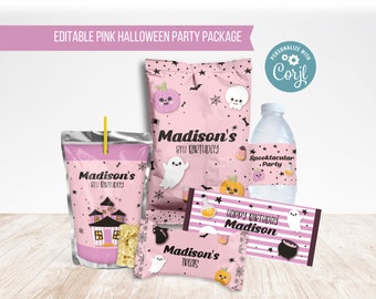 Pinke Halloween-Geburtstagspartydekoration, Spooktacular Party, Chiptüten-Vorlage, Saftetiketten-Vorlage