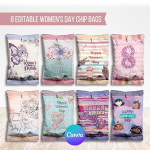 Bearbeitbares Chip-Taschenetikett für Frauen, 8. März, Girl Power, Favor Treat Taschen