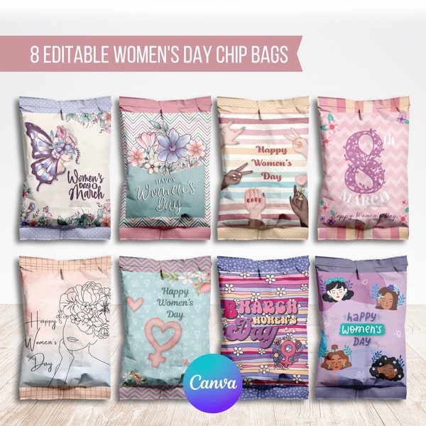 Womens Day Editable Chip Bag Label, 8 March, Girl Power, Favor Treat Bags