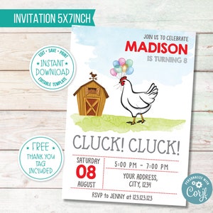 Chicken Birthday Party Invitation | Barnyard Party Invite | Personalize Kids Farm Invitation