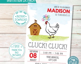 Chicken Birthday Party Invitation | Barnyard Party Invite | Personalize Kids Farm Invitation