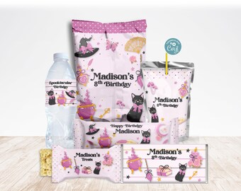 Pastel Witch Halloween Party Pack for Girls, Black Cat Candy Labels, Magic Potion Decor, Cute and Spooky Favors, Editable Chipbag