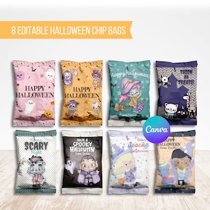 Kids Halloween Party Editable Chip Bag, Pastel Halloween Chip Bag Label, Trick or Treat Party  Favor Treat Bags