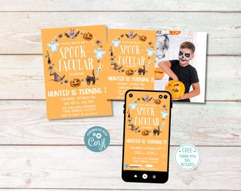 Halloween Birthday Invitation for Kids, Editable Personalized Printable Invite, Spooky Theme, Corjl Template