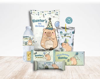 Capybara Birthday Party Decorations, Editable Corjl Template, Cute Capybara Chip Bag, Candy Wrappers, Water & Juice Labels, Digital Download
