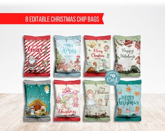 Editable Christmas Chip Bag Label, Happy Holidays, Favor Treat Bags, Santa Red Gnome, Ugly Sweater, Instant Download