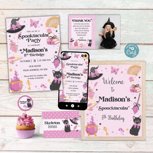 May include: A collection of pink and black Halloween-themed party supplies. Includes invitations, a phone screen, a thank you card, a cupcake with a topper, and a sign. The text reads "Spooktacular Party" and "Madison's 8th Birthday".