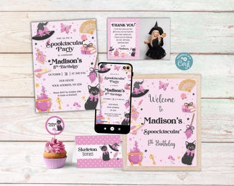 Witch Birthday Invitation and Party Set, Printable Halloween Invite for Girls, Black Cat, Magic Potion