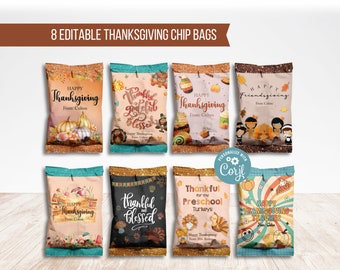 Happy Thanksgiving Chip Bag Label, Thanksgiving Kids Printable Chip Bag Wrappers, Thanksgiving Dinner Party Favor Bags, Pumpkin Chip Bag