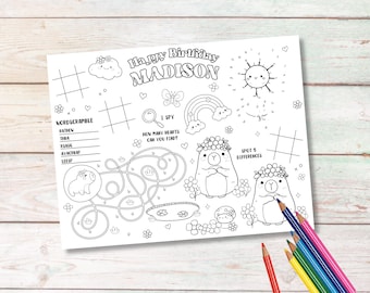 Capybara Birthday Activity Placemat, Spring Floral Theme, Printable Coloring & Games