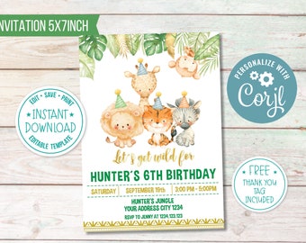 Boy Safari Wild Invite / Safari Invitación de cumpleaños / Dos invitados imprimibles de fiesta salvaje / Personalizar safari animales cumpleaños invitación de cumpleaños