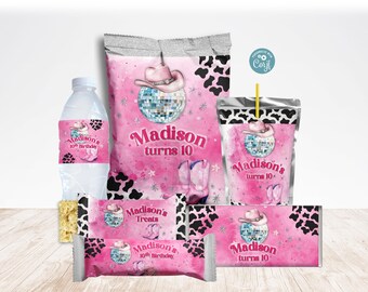 Pink Disco Cowgirl Party Printables, bearbeitbares Geburtstagsgeschenk für Weltraum-Geburtstagsgeschenke