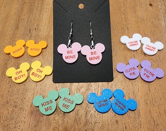 Valentine’s Day Dangle Earrings Disney Inspired Mickey Candy Conversations Heart Sayings Custom Words