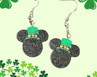 Disney Inspired St. Patrick’s Day Leprechaun Clover Mickey Mouse Dangle Earrings